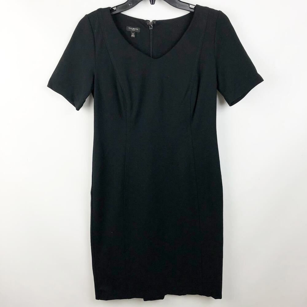Talbots Womens Sheath Dress 2 Petite Black Short Sleeve V Neck Slit Hem